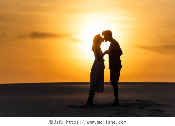 黄昏下在沙滩上接吻的夫妻日落时分在海滩上亲吻阳光的男人和女人的侧影